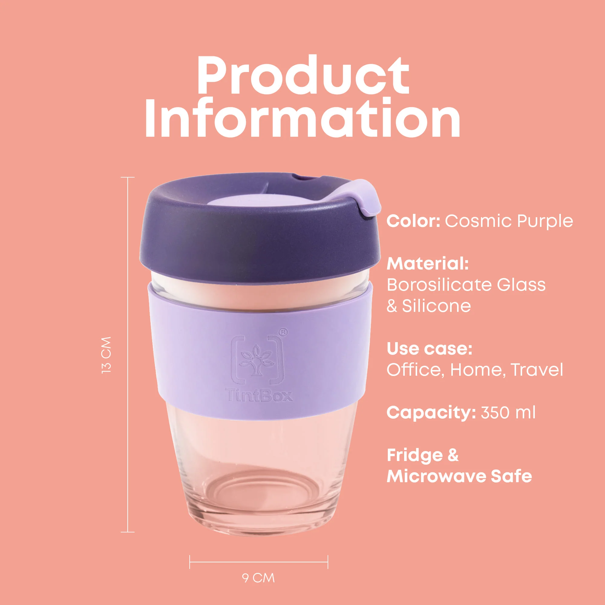 TintCup Borosilicate Glass Coffee Cup (Tumbler) 350 ml with Silicone Lid & Grip, Glass Coffee Mug with lid - Image 3