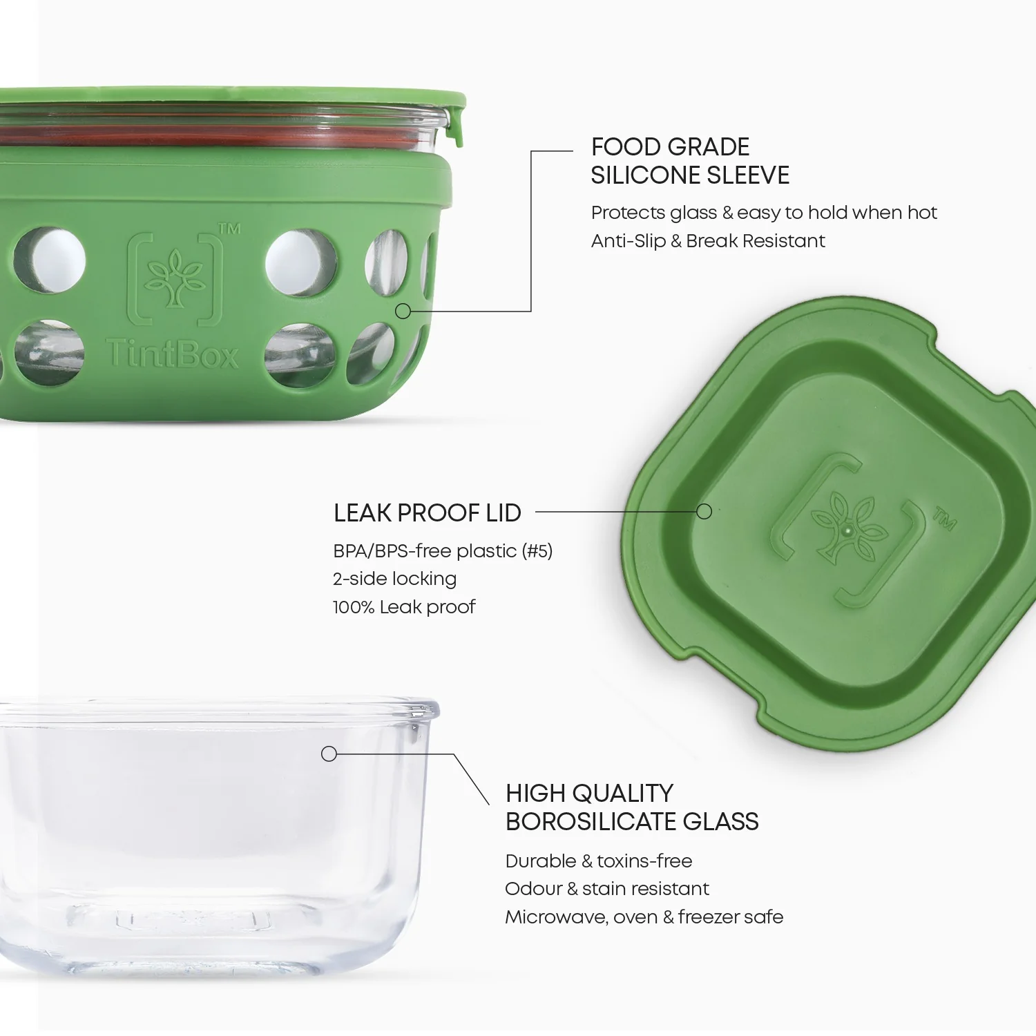 Break Resistant Borosilicate Glass Lunch Box Set of 3 (300ml x 3) with Silicone Sleeve | Microwave Safe & Leak proof Tiffin Box By TintBox - Image 5